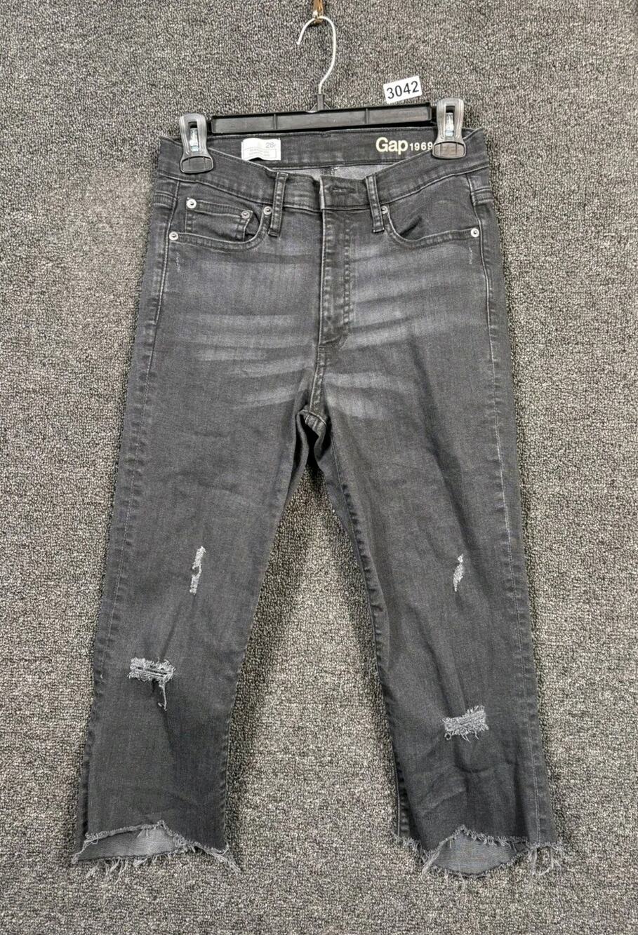 Gap 1969 Resolution Skinny Flare Jeans Womens Size 28R Black Destructed Boho